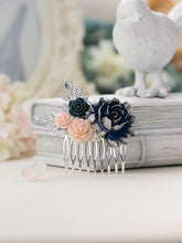 画像をギャラリービューアに読み込む, Navy Blue Pink Wedding Hair Comb Silver Bridal Bridal Headpiece Dark Blue Blush Pink Flower Silver Leaf Hair Comb Silver and Navy Wedding
